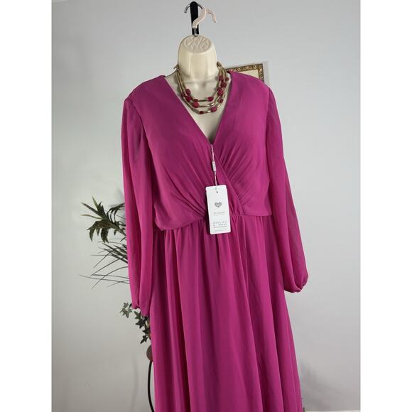 JJ’S House Woman Dress 14 Long Sleeve Lined Rushed V-Neck Fuchsia Bridesmaids - Picture 2 of 12